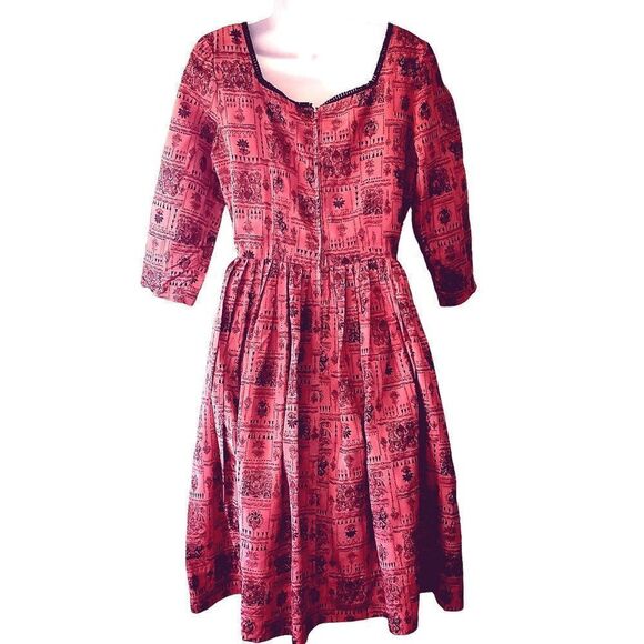 50s Pink Red Dress S Taffeta Romantic Fit and Flare VFG - Picture 10 of 10